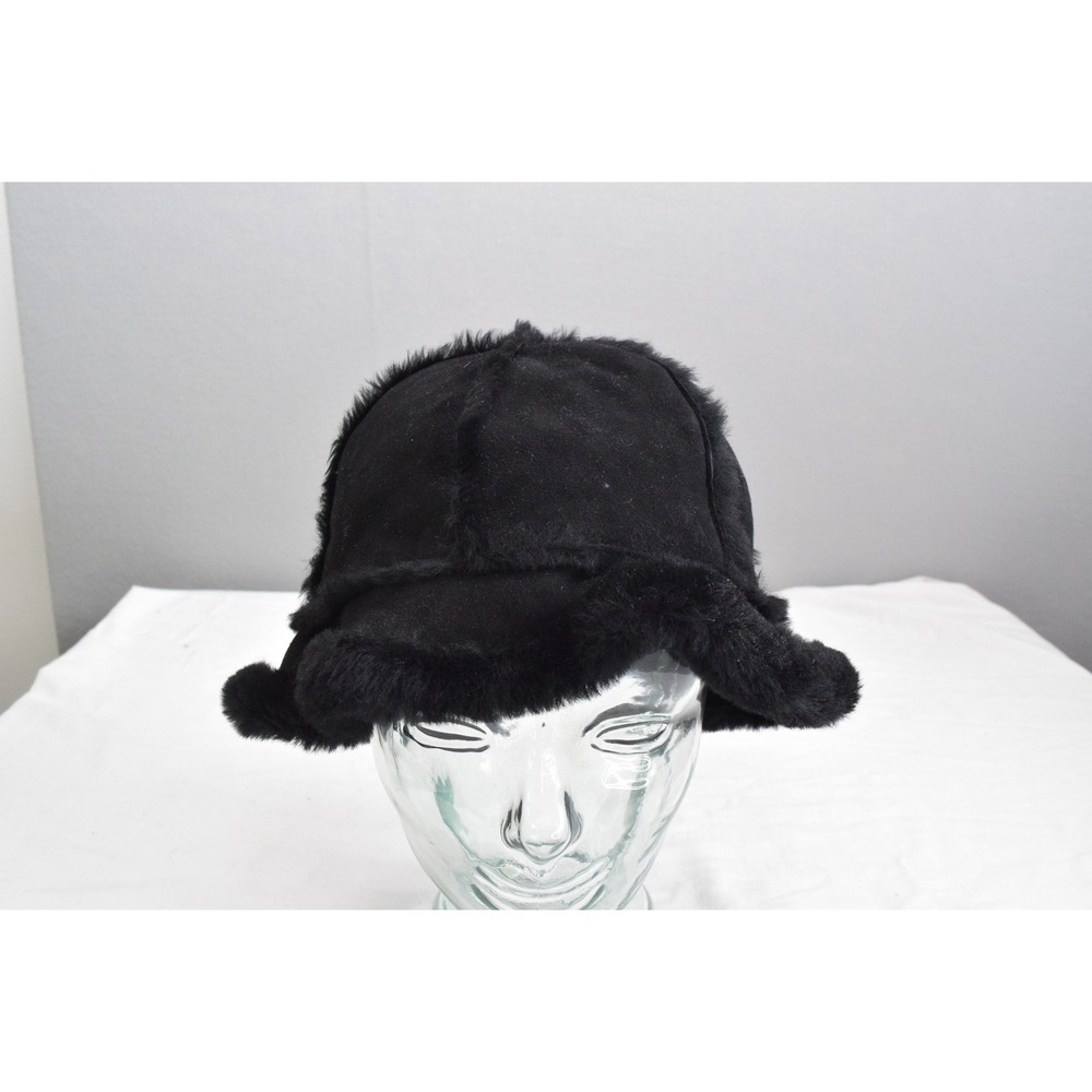 UGG Shearling Bucket Hat S/M Black Sheepskin Fur Winter Cap Womens Luxury Cozy